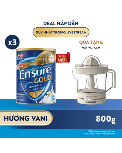 [TẶNG MÁY VẮT CAM]  COMBO 3 LON SỮA ENSURE GOLD CẢI TIẾN MỚI DẠNG BỘT HƯƠNG VANI 800G